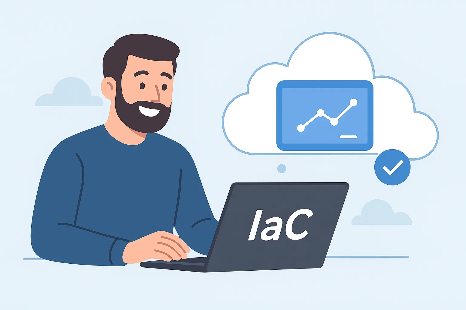 Illustratie van persoon die blij is met kostenbesparing en stabiele hosting door IaC